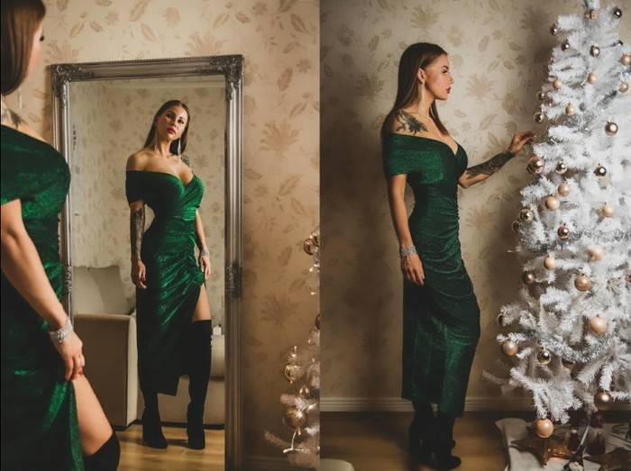 Katseet kääntävä vihreä off-shoulder glitterimekko